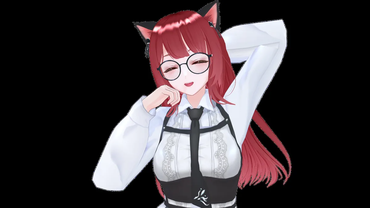 目を細めて笑い、片手を頭の後ろに回しているでんこ